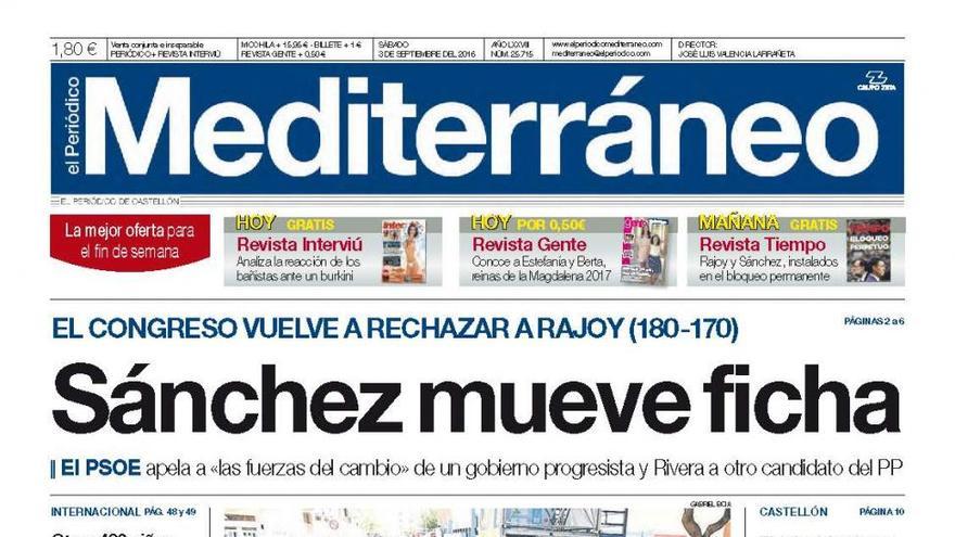 Sánchez mueve ficha, titular en la portada de Mediterráneo.