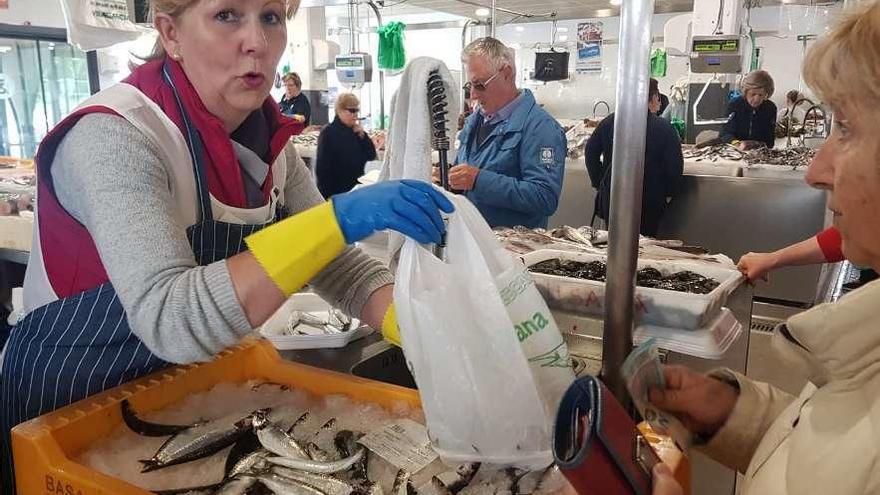 Venta de sardina en la plaza de abastos de Vilagarcía. // FdV