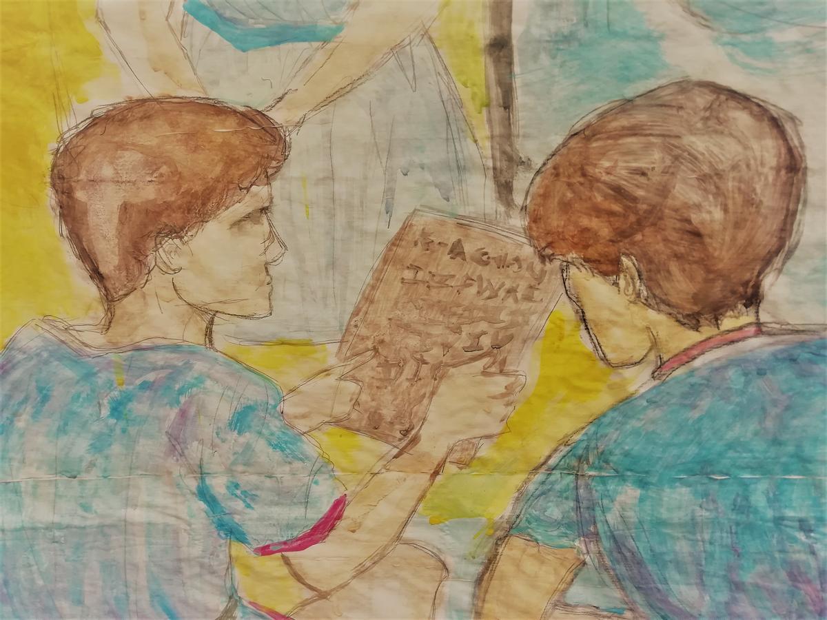 Dos niños en la escuela, una de las estampas que recoge la exposición.