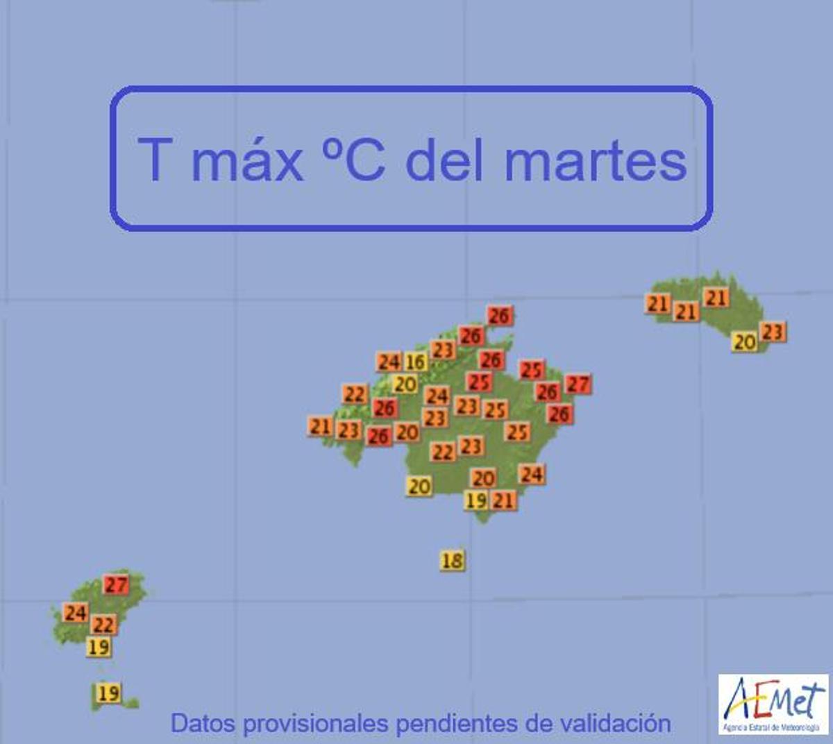 Höchsttemperaturen auf den Balearen am 12..12.2023