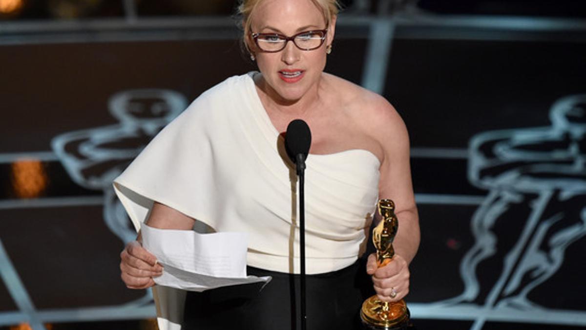 Patricia Arquette, durante su discurso al recoger el Oscar a la mejor actriz secundaria por 'Boyhood'.