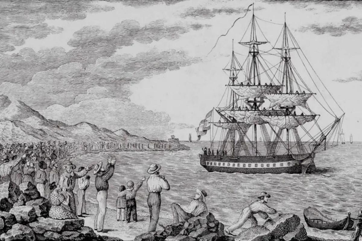La corbeta ‘María Pita’, fletada para la expedición, partiendo del puerto de La Coruña en 1803.