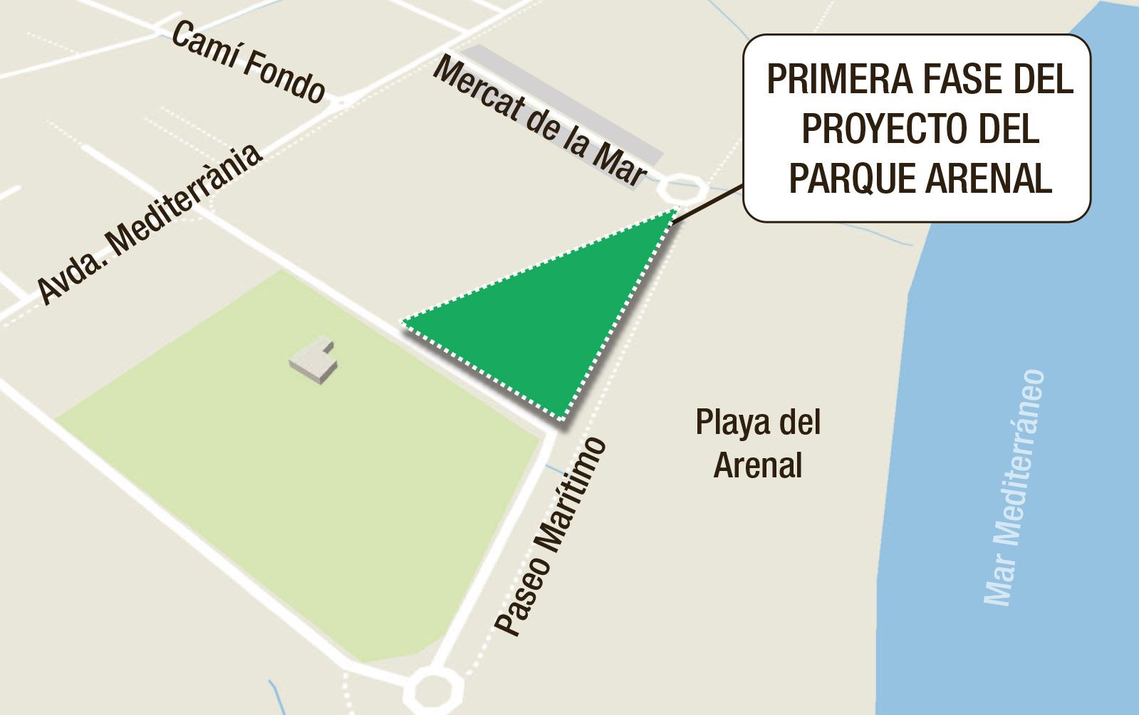 Mapa que ubica dónde empezarán las obras de la primera fase del proyecto del parque del Arenal.