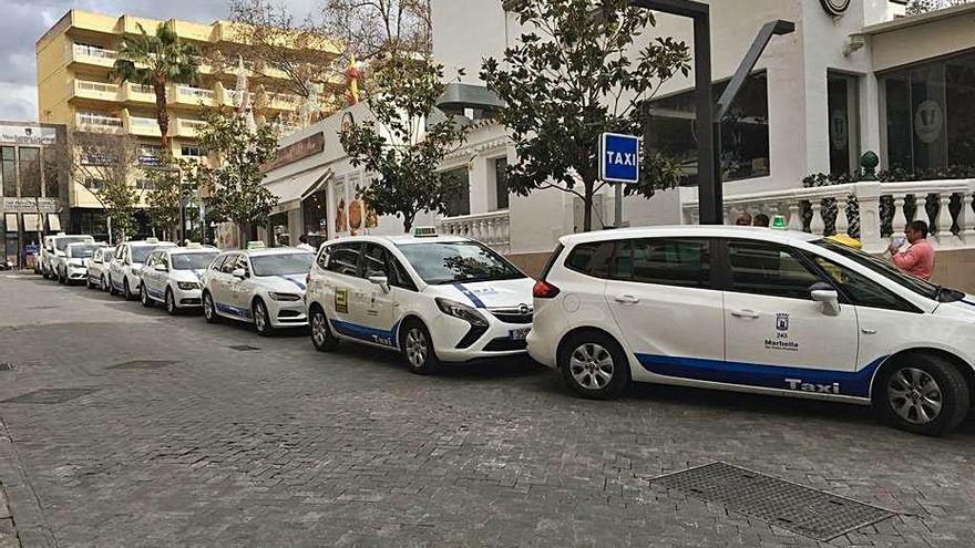 Taxis en una parada en el centro de Marbella.