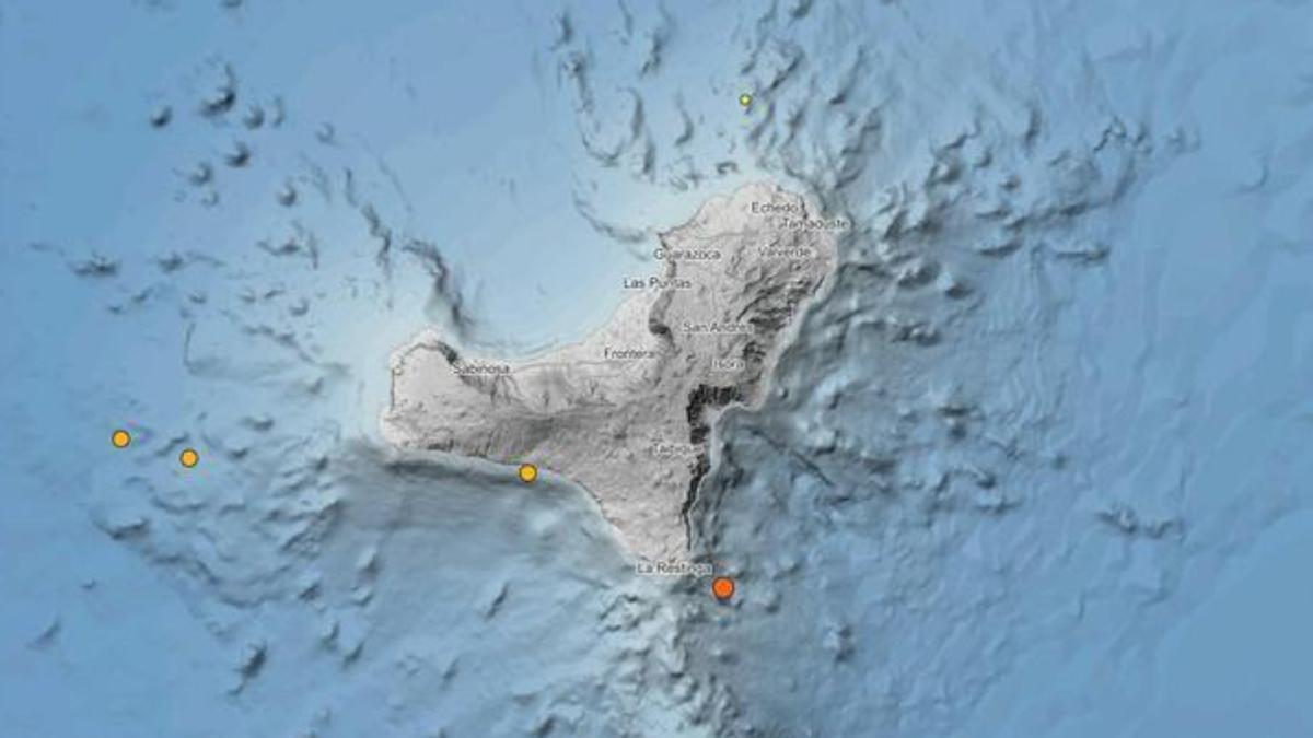 Mapa de El Hierro con señalización de terremotos, archivo.