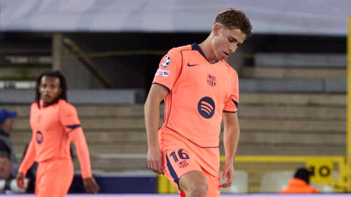 Fermín reacciona durante el partido de Champions entre Barcelona y Brujas
