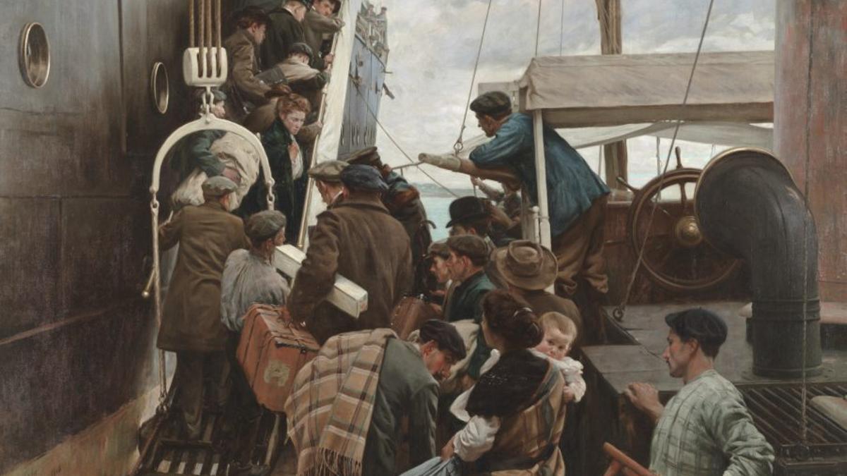 «Emigrantes», del gijonés Ventura Álvarez Sala , obra que refleja con un naturalismo veraz el embarque en un trasatlántico.