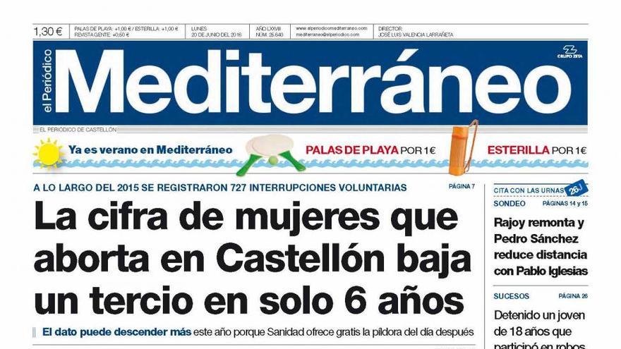 La cifra de mujeres que aborta en Castellón baja un tercio en solo 6 años, en la portada de Mediterráneo