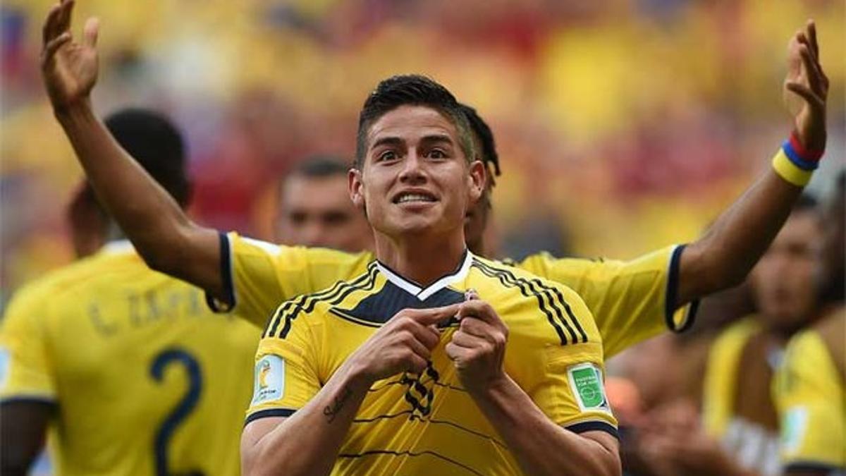 El colombiano James Rodríguez celebra uno de los goles de su equipo en este mundial