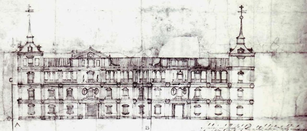 Dibujo del arquitecto Gómez de Mora de la fachada del Colegio del Rey en Salamanca.