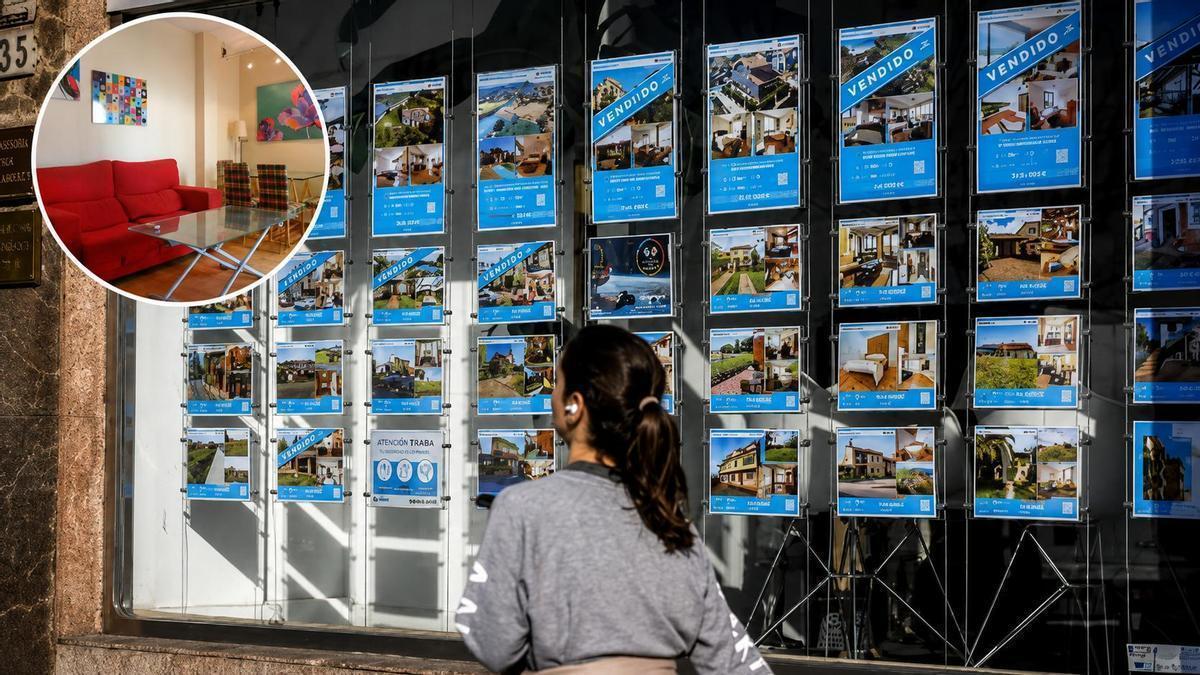 En la imagen grande, una mujer mira anuncios en una inmobiliaria. En la pequeña, un salón de reducidas dimensiones.
