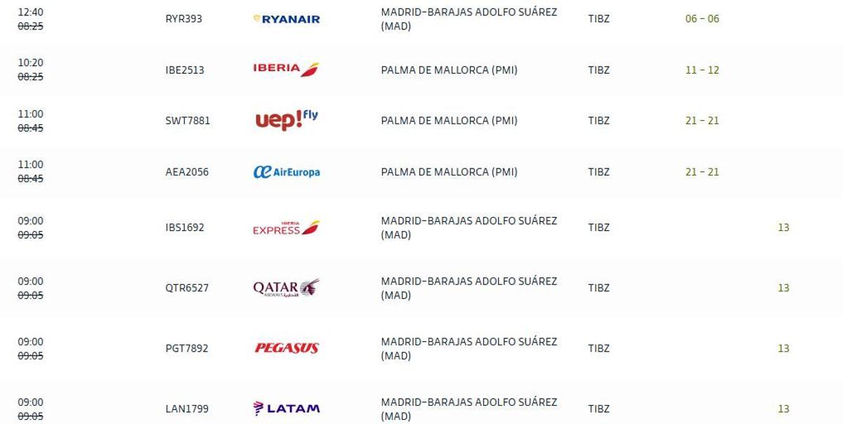 Panel informativo de Infovuelos en el aeropuerto de Ibiza