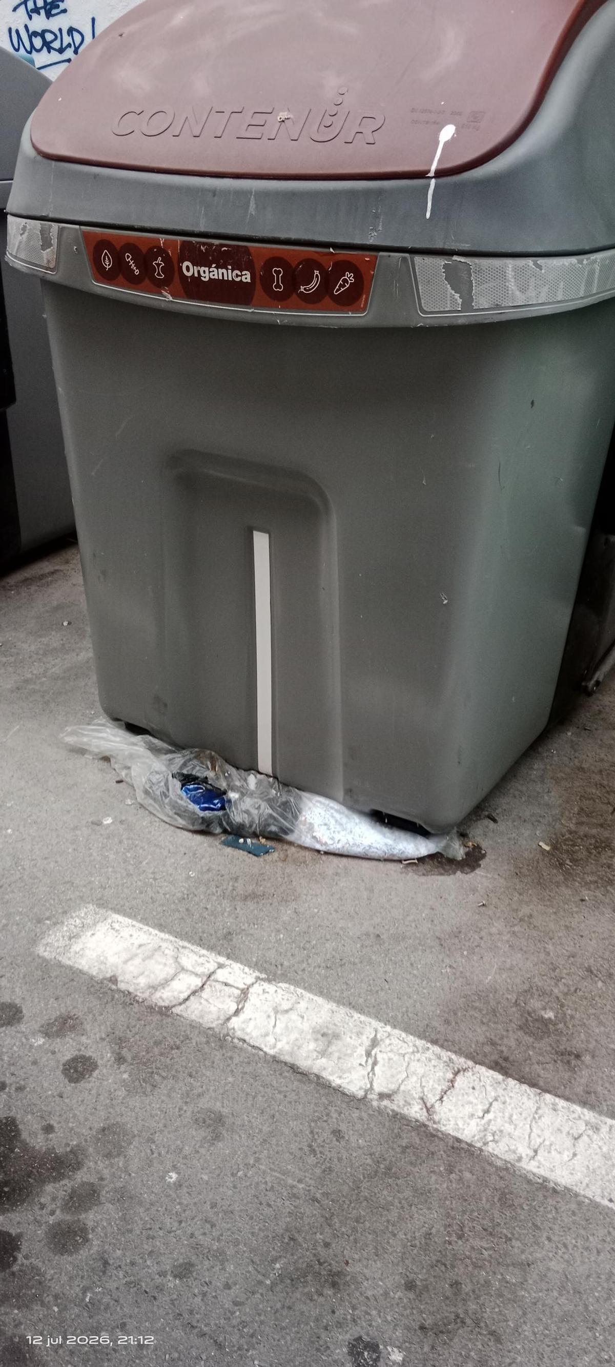 Basura debajo de un contenedor de basura en Alicante