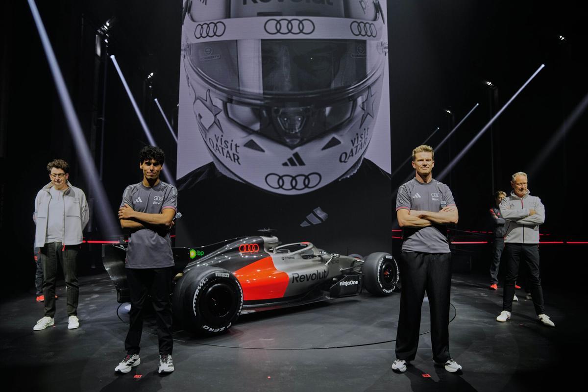 Audi Revolut F1 drivers, Gabriel Bortoleto, left, and Nico Hulkenberg attend the presentation of the new Audi F1 car in Berlin, Germany, Tuesday, Jan. 20, 2026. (AP Photo/Ebrahim Noroozi)