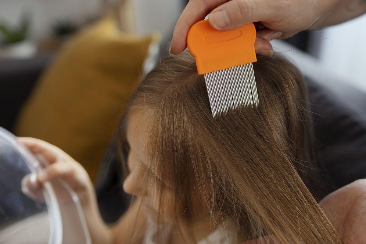 Una madre repasa el pelo de su hija con la liendrera de púas largas.