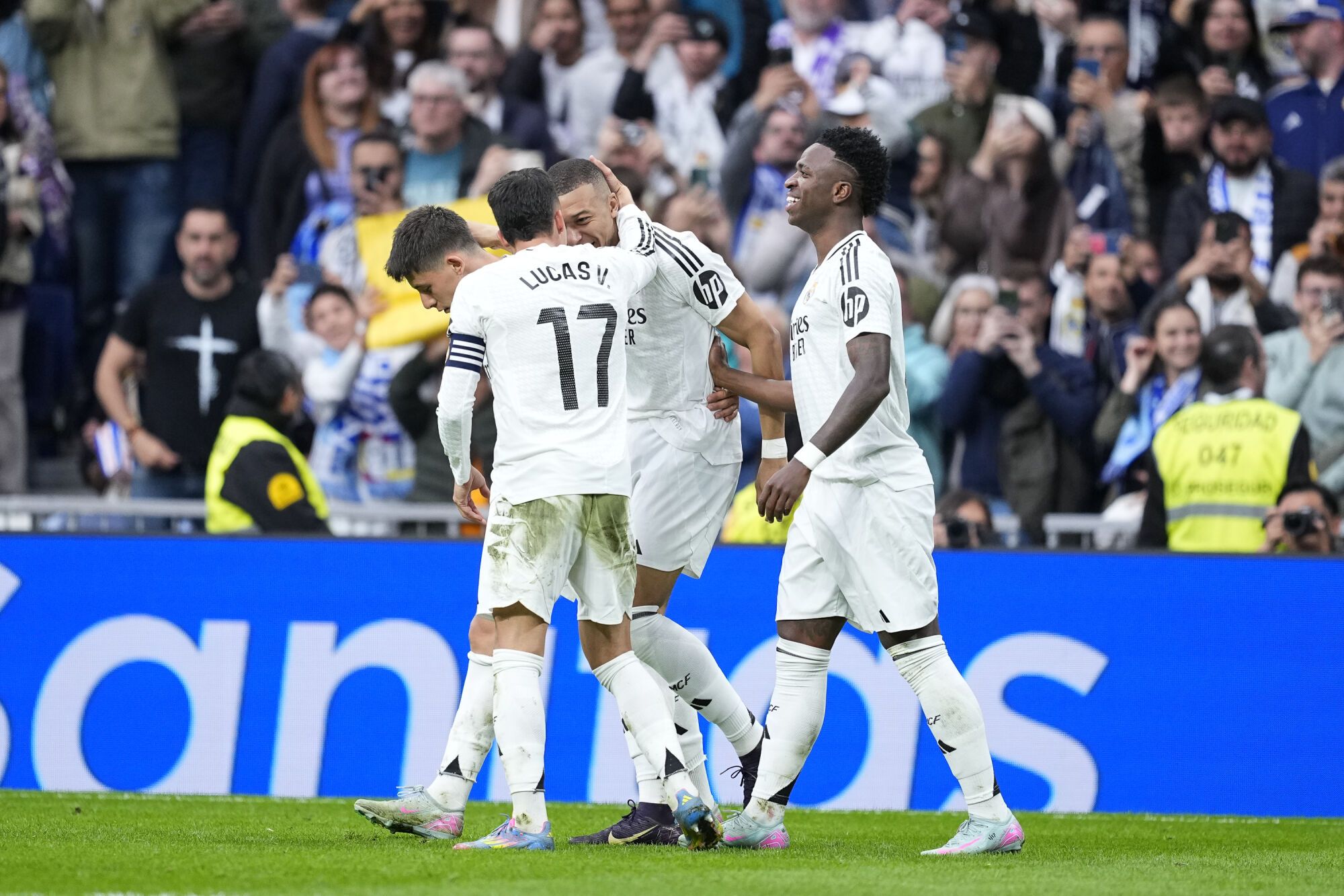 Kylian Mbappe of Real Madrid celebrates a goal during the Spanish League, LaLiga EA Sports, football match played between Real Madrid and RC Celta de Vigo at Santiago Bernabeu stadium on May 04, 2025 in Madrid, Spain. AFP7 04/05/2025 ONLY FOR USE IN SPAIN. Oscar J. Barroso / AFP7 / Europa Press;2025;SOCCER;SPAIN;SPORT;ZSOCCER;ZSPORT;Real Madrid v RC Celta de Vigo - LaLiga EA Sports;