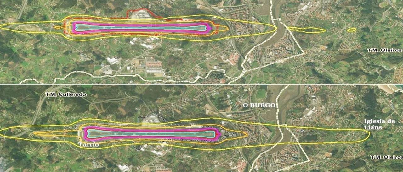 Arriba, huella acústica del aeropuerto de A Coruña en la actualidad y abajo, la huella futura, para el horario 07.00 a 19.00 horas.  | / MINISTERIO DE TRANSPORTES