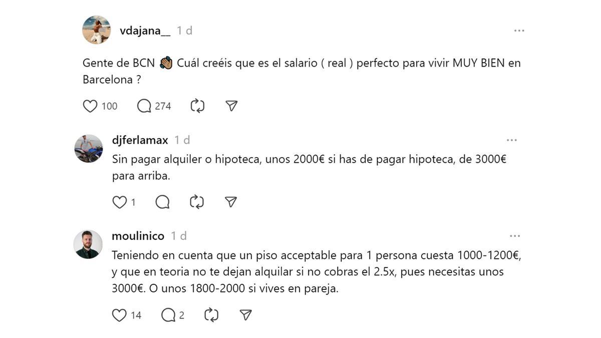 Hilo en Threads sobre el salario necesario para vivir bien en Barcelona.