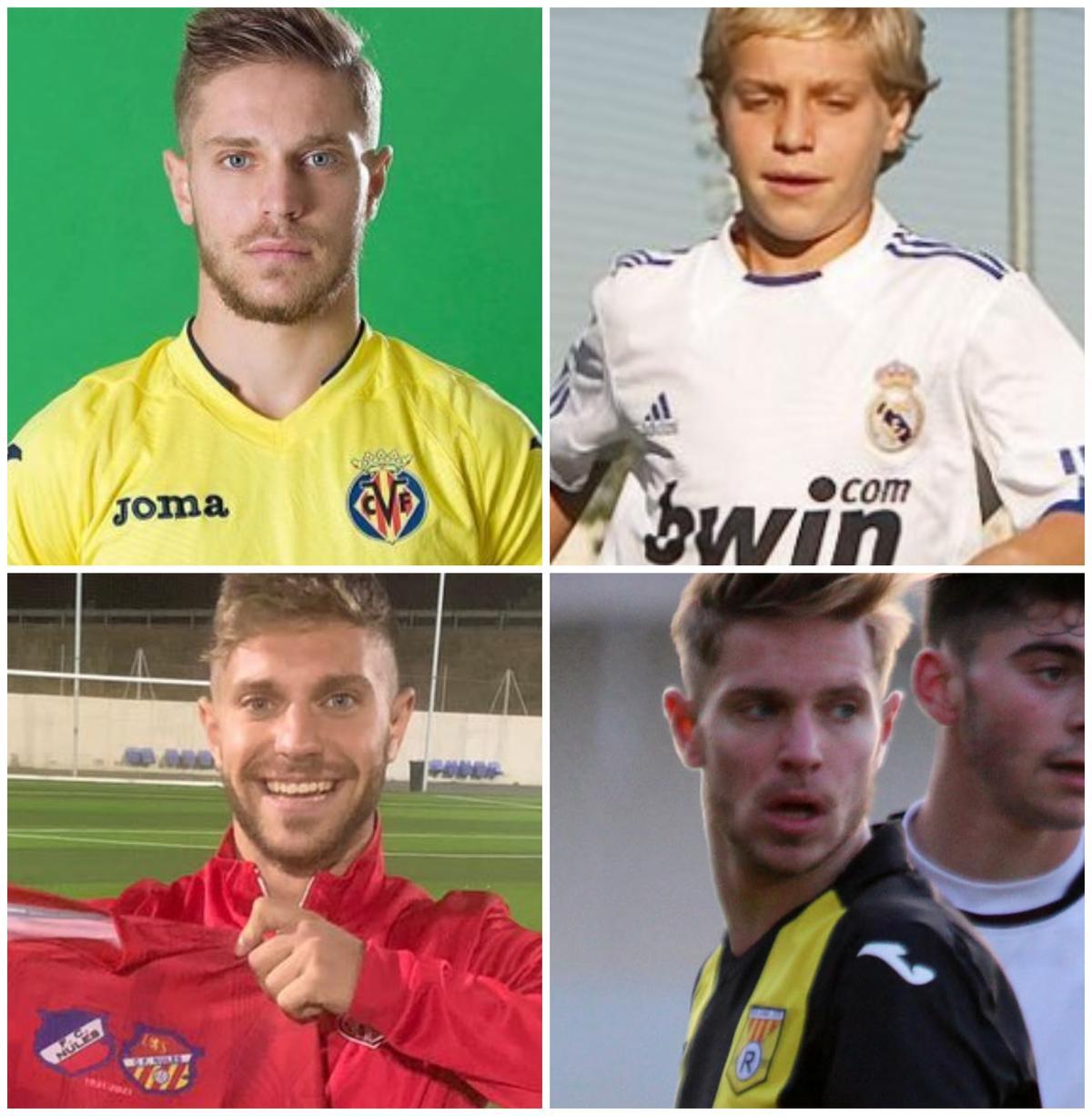 De izquierda a derecha y de arriba a abajo, Nico durante su etapa en el Villarreal; con 12 años en la cantera del Real Madrid, con la camiseta del Nules y en un partido con el Roda