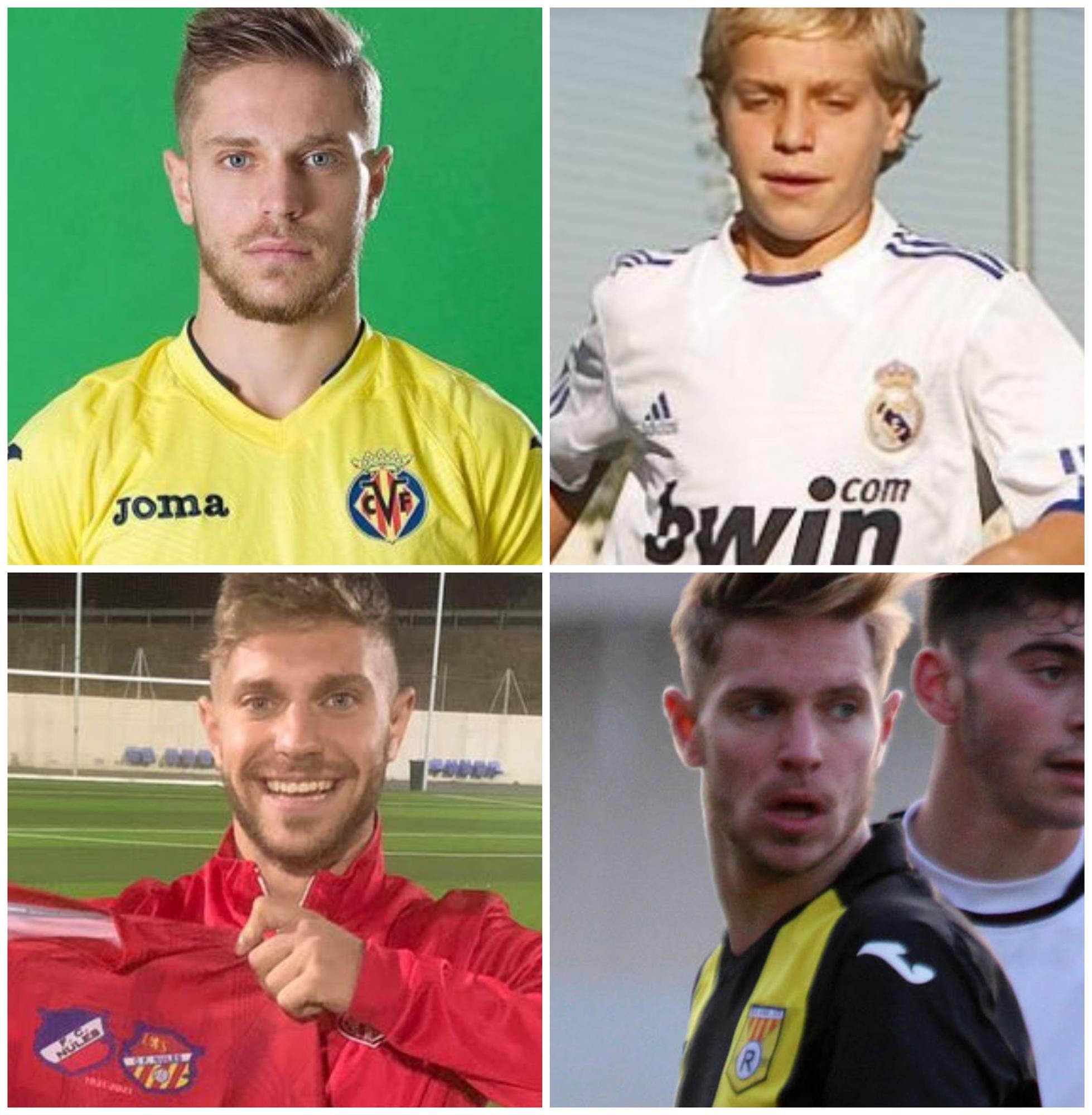 De izquierda a derecha y de arriba a abajo, Nico durante su etapa en el Villarreal; con 12 años en la cantera del Real Madrid, con la camiseta del Nules y en un partido con el Roda