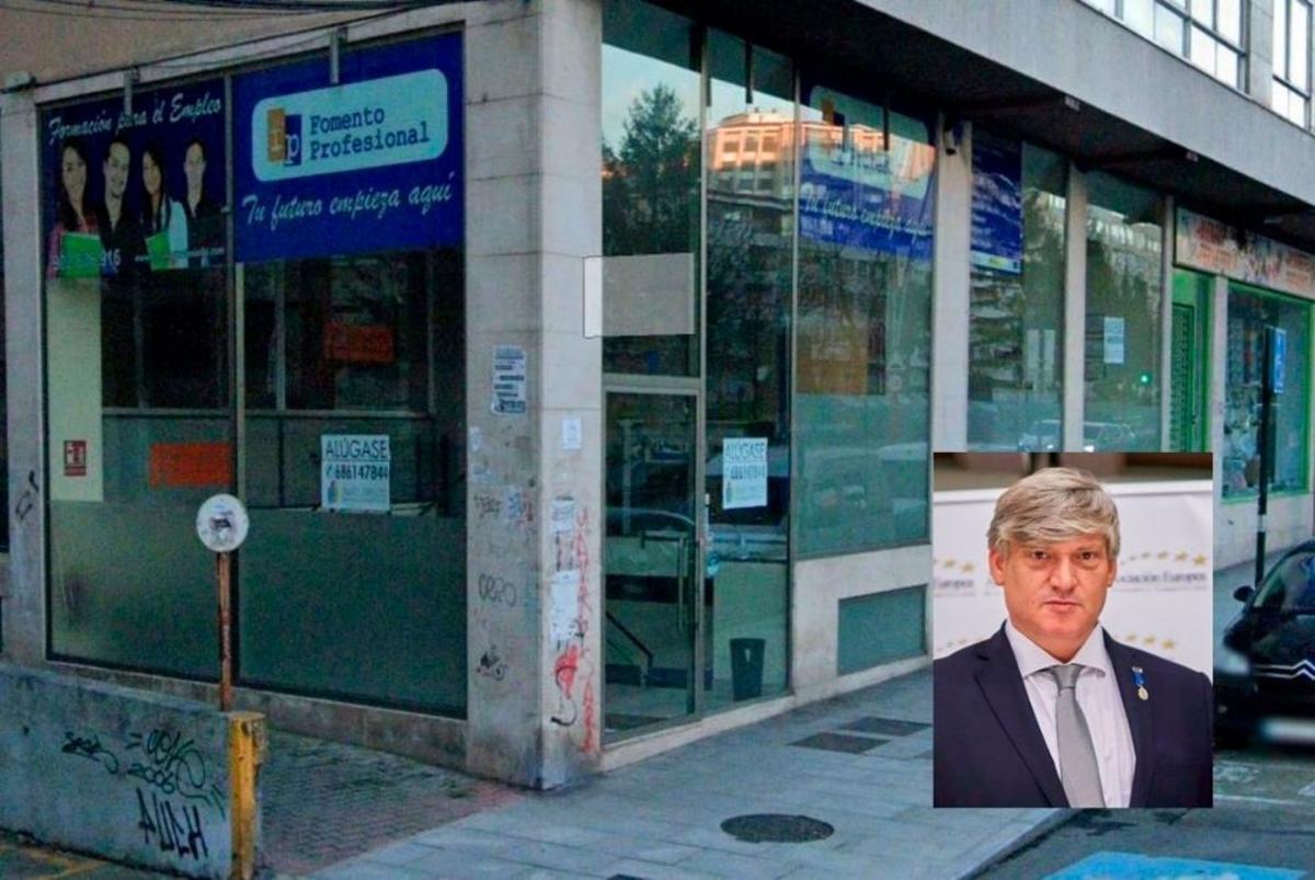 Antigua sede de Fomento, en Vigo, en 2022. En el recuadro, Alexis Fernández.