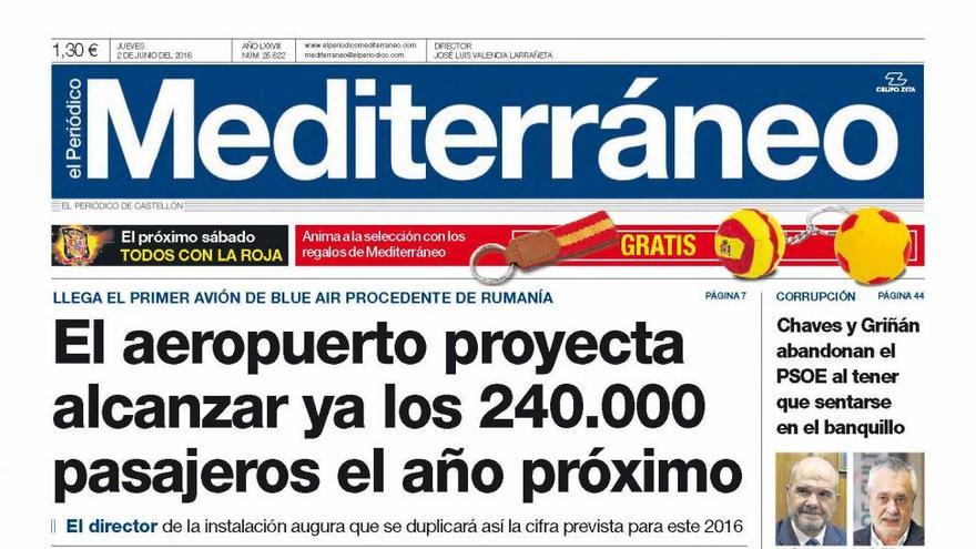 El aeropuerto proyecta alcanzar ya los 240.000 pasajeros el año próximo, hoy en la portada de El Periódico Mediterráneo