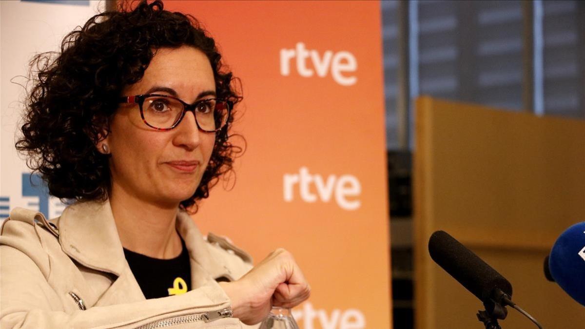 Marta Rovira, en una rueda de prensa en la sede de la agencia Efe en Barcelona, este lunes.