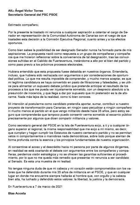 Carta de renuncia al Senado de Blas Acosta