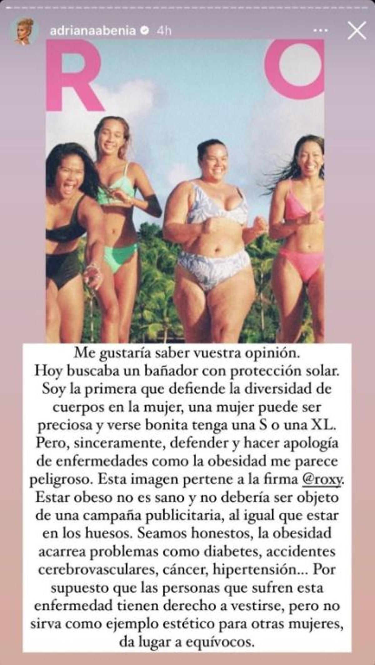 Historia de Instagram de Adriana Abenia sobre la publicidad de Roxy