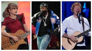 Taylor Swift, Kendrick Lamar y Ed Sheeran, en imágenes de archivo.