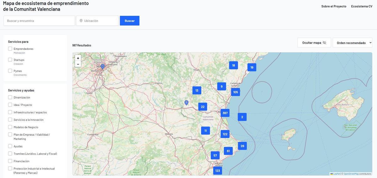 Mapa Ecosistema Emprendimiento de la Comunitat Valenciana.