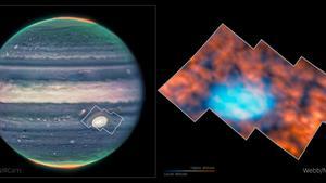 Estructuras extrañas observadas por el telescopio Webb en la ionosfera de Júpiter, sobre la Gran Mancha Roja.