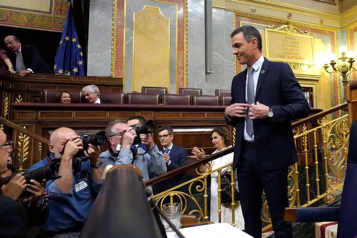 El presidente del Gobierno, Pedro Sánchez, durante su intervención en el debate sobre el estado de la nación, este martes en el Congreso