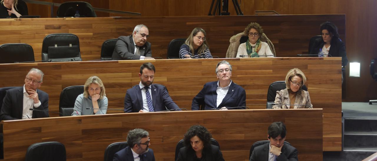 El grupo parlamentario del PP, ayer, al completo. En primera fila, por la derecha, Teresa Mallada, Pablo González, Álvaro Queipo, Reyes Fernández Hurlé y José Manuel Felgueres; detrás, por la derecha, Beatriz Polledo (nueva portavoz), Gloria García, Cristina Vega y Javier Brea. Falta Pablo Álvarez Pire, que ocupa puesto en la Mesa de la Cámara. |