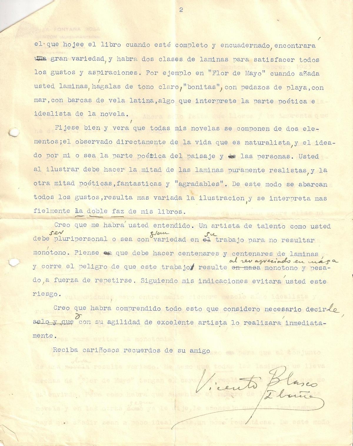 Carta del 22 Febrero de 1923 de Vicente Blasco Ibáñez a José Segrelles