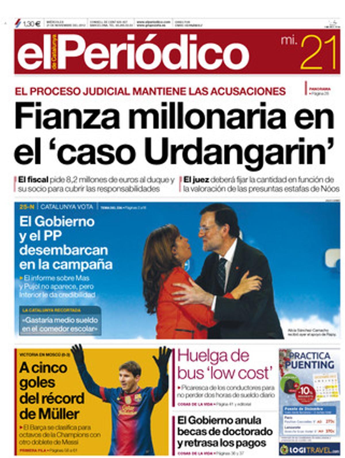 Finança milionària en el ’cas Urdangarin’. Portada publicada el 21 de novembre del 2012.