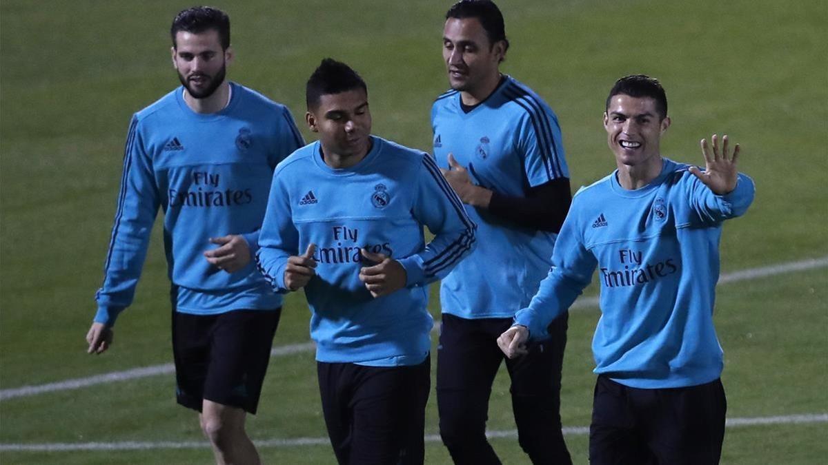 Nacho, Casemiro, Keylor Navas y Cristiano Ronaldo, en el entrenamiento del Madrid este jueves