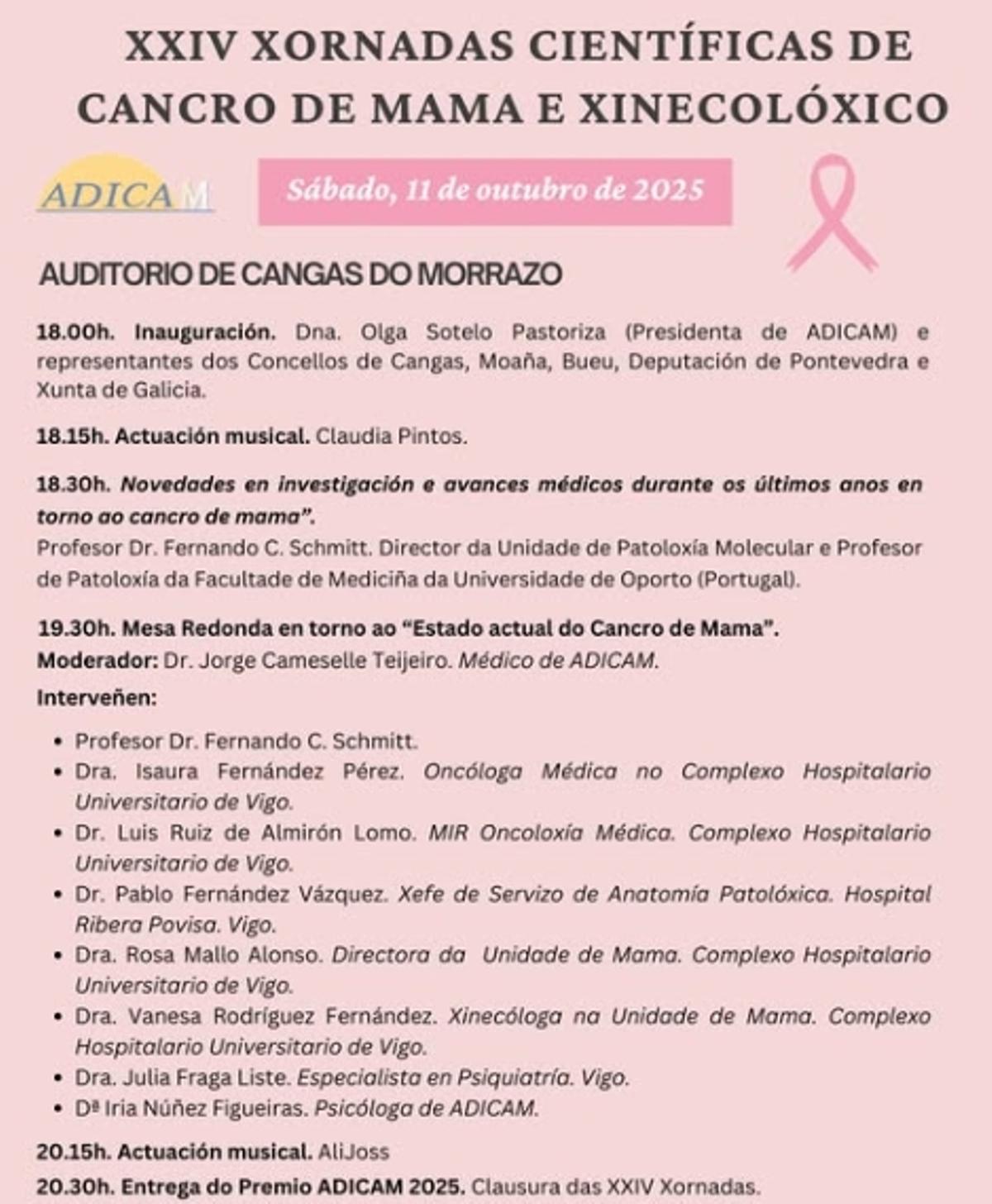 Programación de las Xornadas Científicas de Adicam en Cangas.