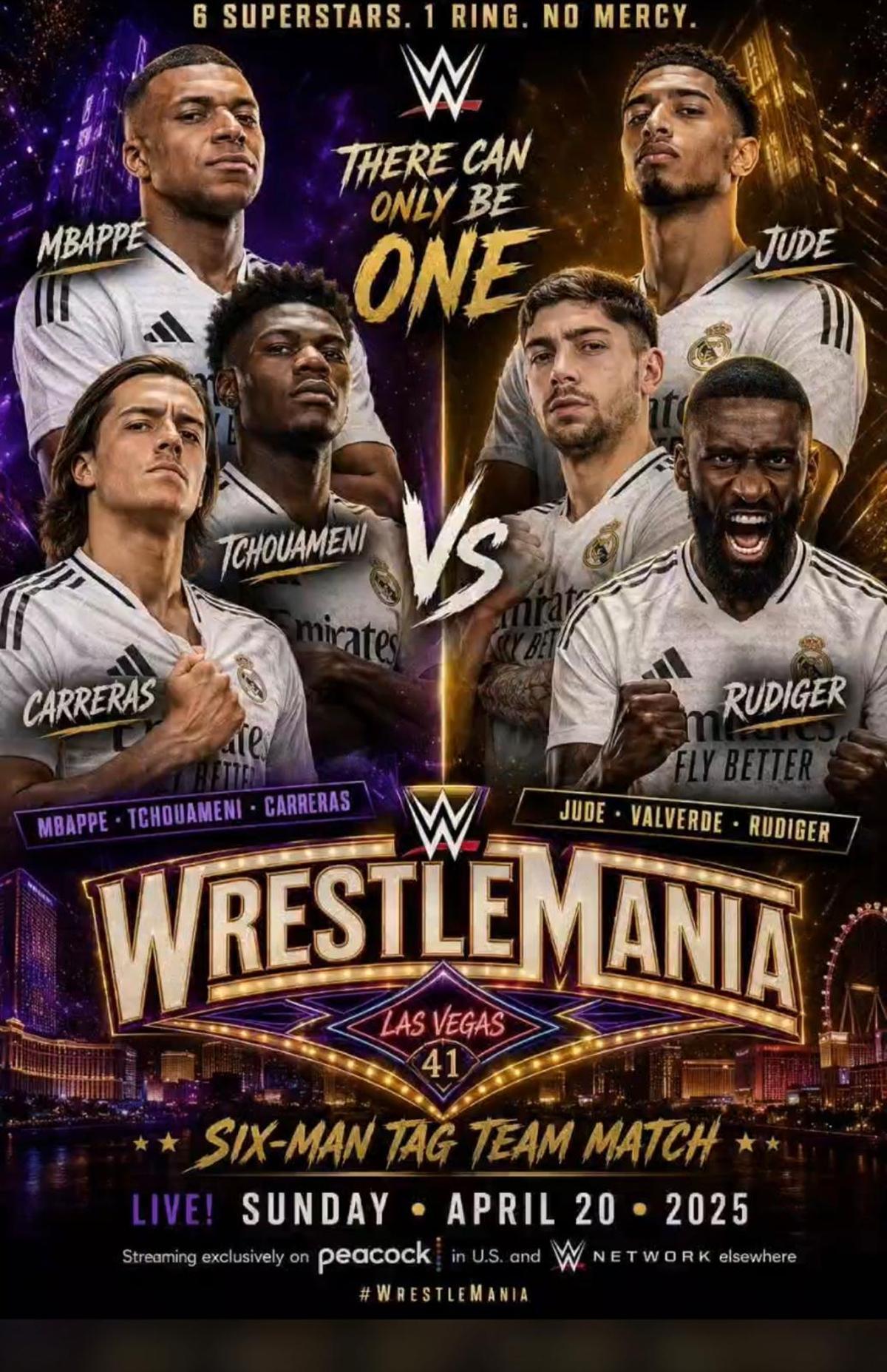 Cartel ficticio del evento de lucha libre Wrestlemenia con los jugadores del Real Madrid.