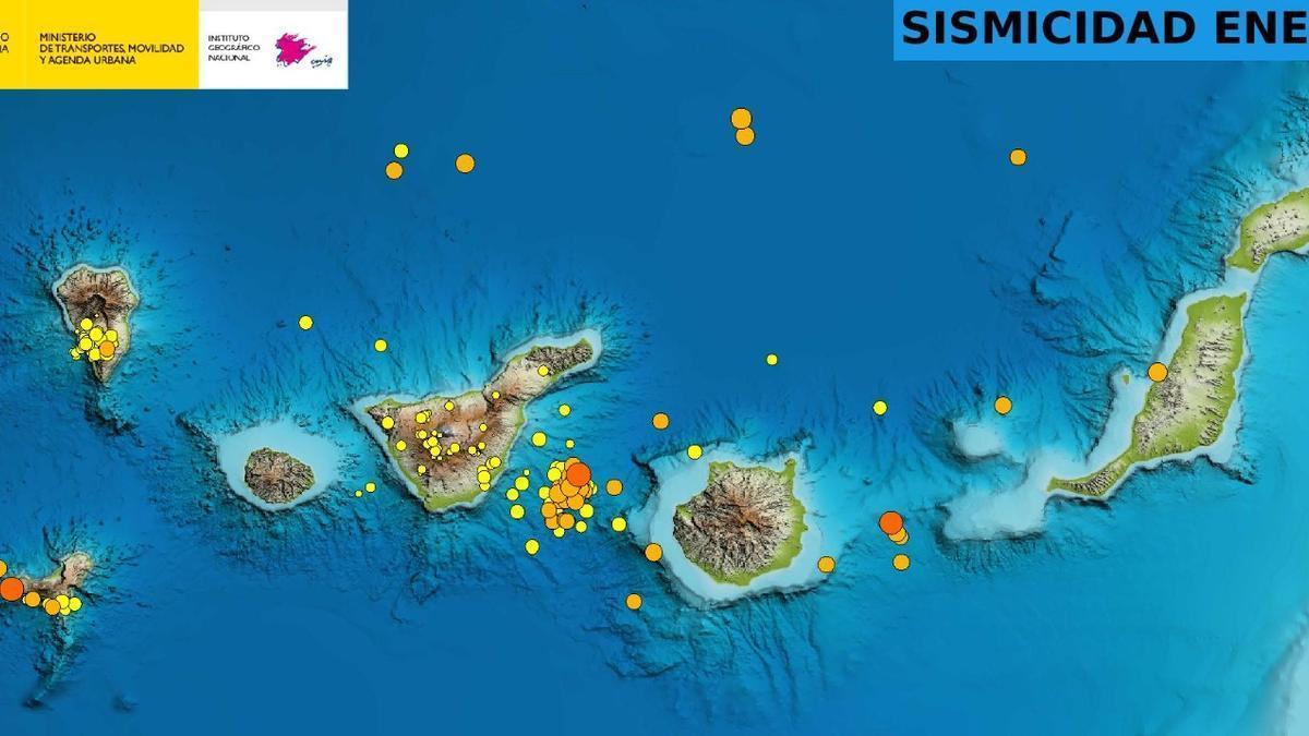 Sismicidad acumulada en Canarias en enero.