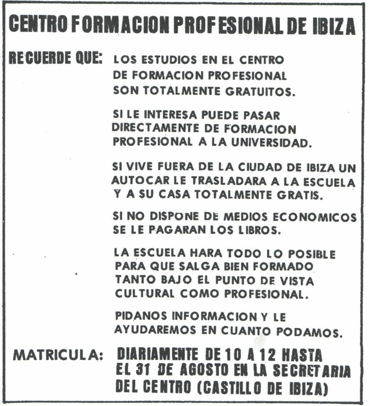 Anunci publicat a Diario de Ibiza informant de l’inici de les activitats docents del Centre d’FP.