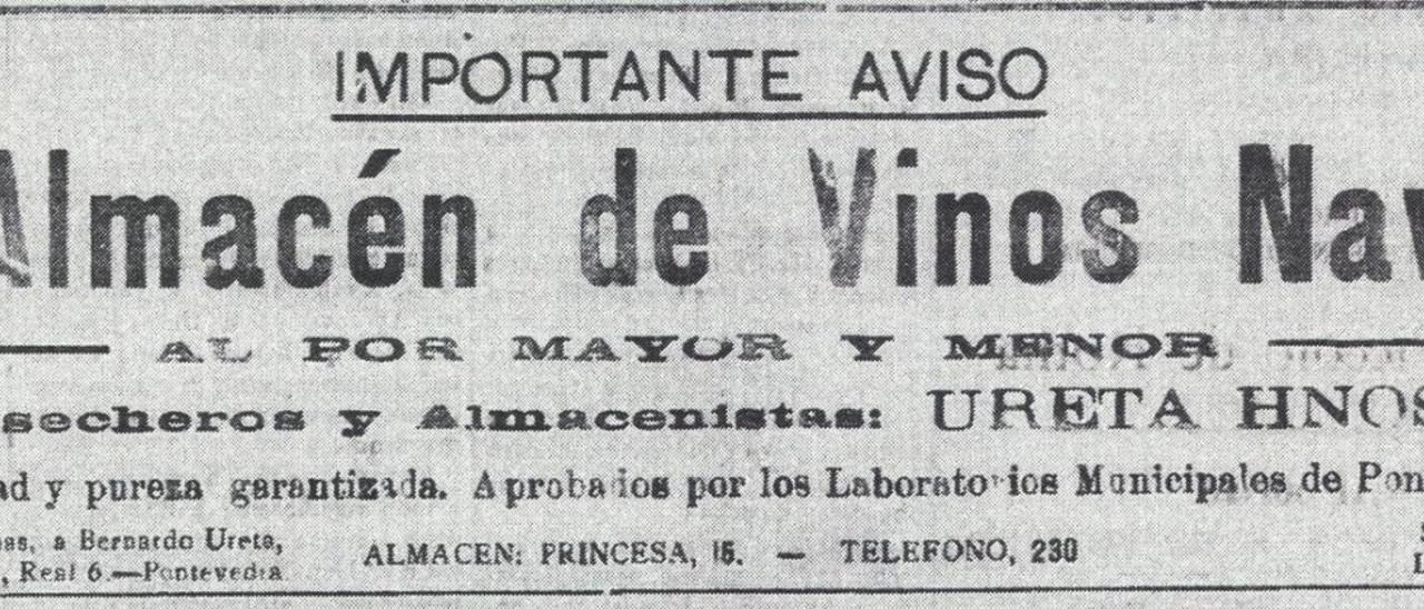 Los hermanos Ureta
 anunciaron por vez primera
 el 12 de enero de 1925 
la apertura de su almacén 
de vinos.   | // FARO