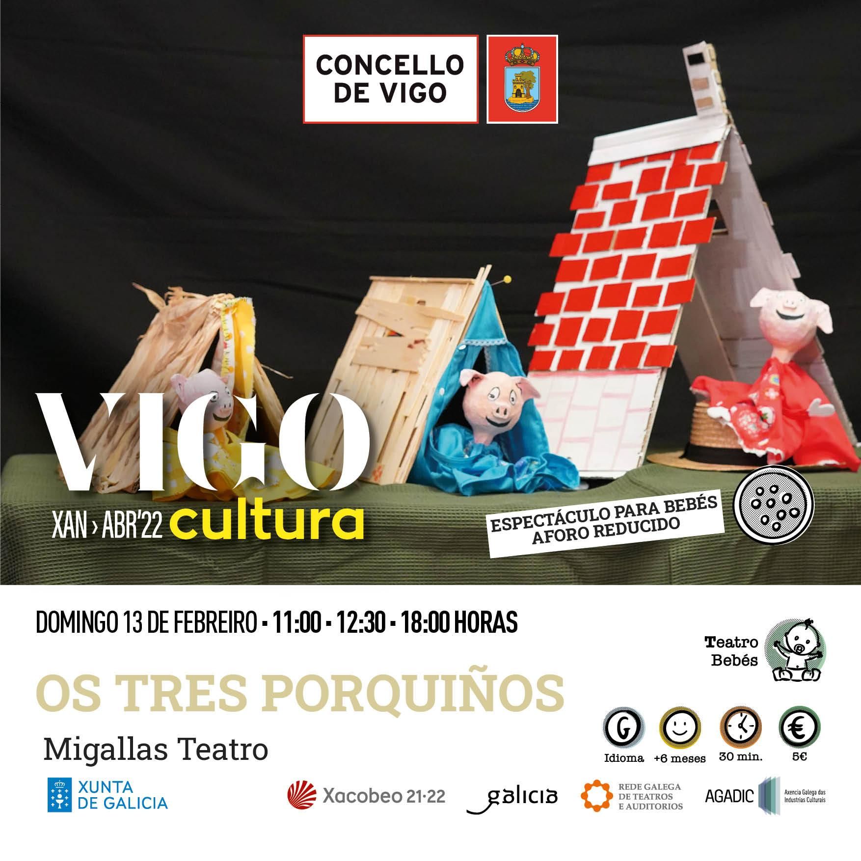 Cartel de la obra &quot;Os tres porquiños&quot; de Migallas Teatro.