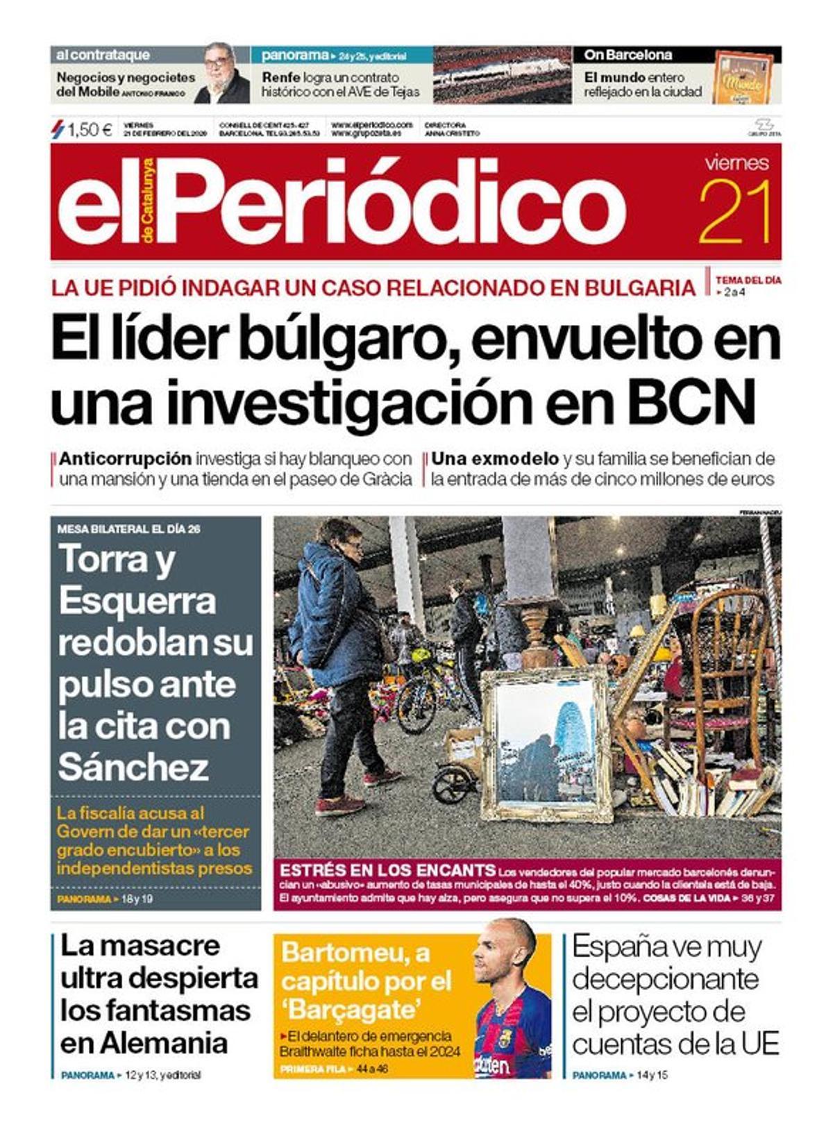 La portada de EL PERIÓDICO del 21 de febrero del 2020.