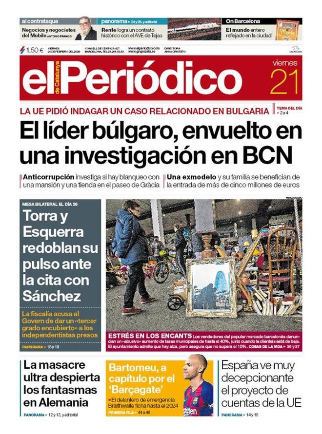 La portada de EL PERIÓDICO del 21 de febrero del 2020.