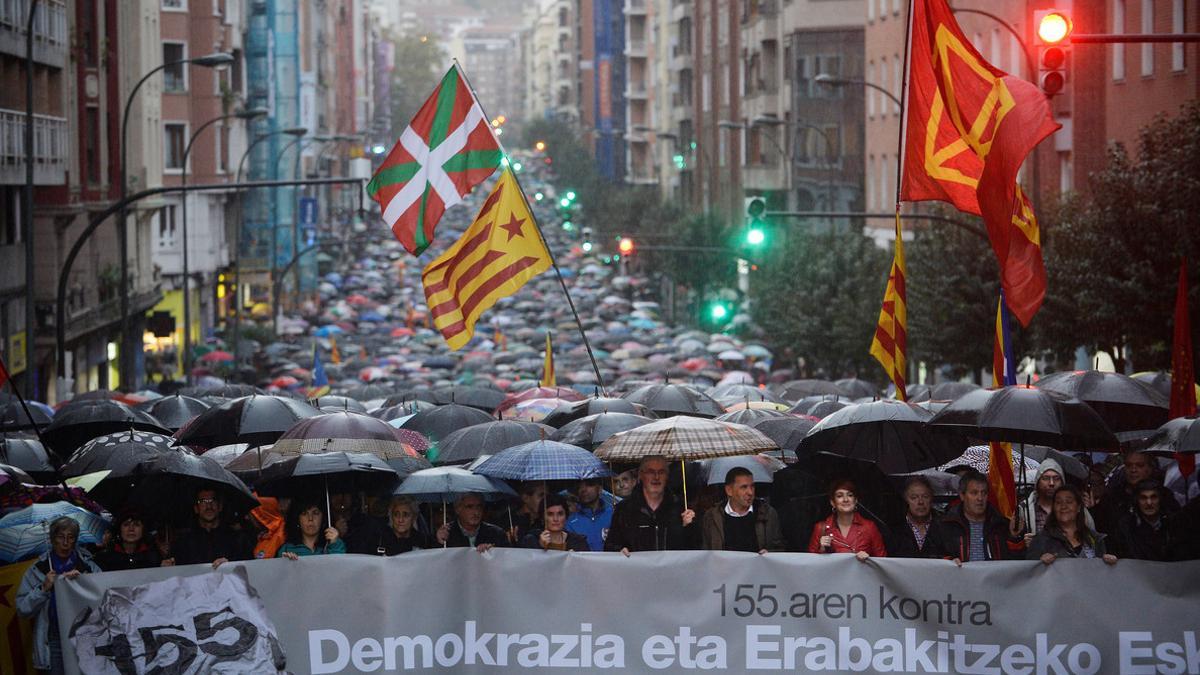 Aranburu, Munoz and Otegi take part in a demonstration against Spain's Article 155 in Bilbao