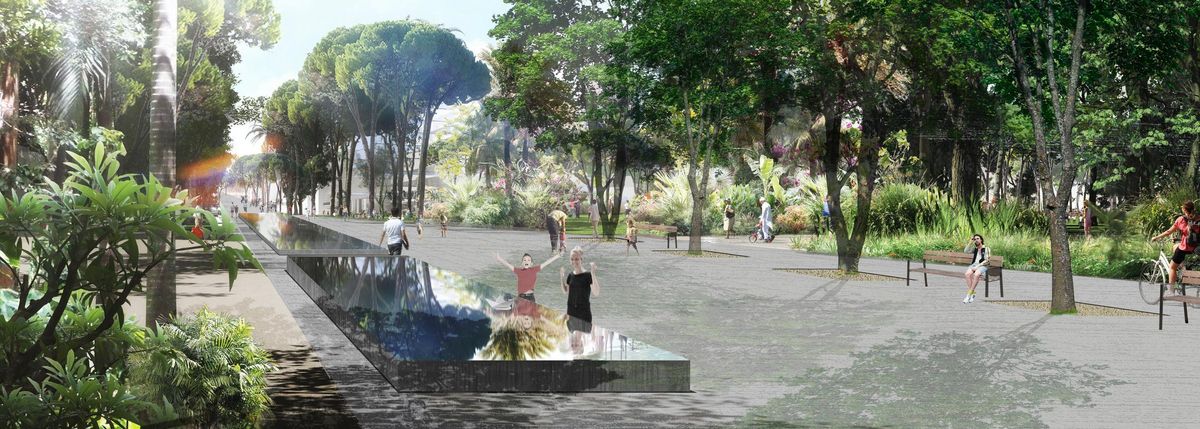 Recreación virtual de la fuente ornamental 'El Mirall' en el centro del parque de Glòries