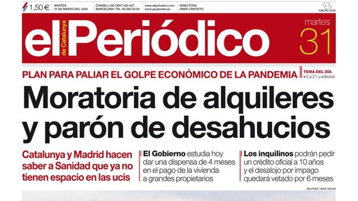 La portada de EL PERIÓDICO del 31 de marzo del 2020.