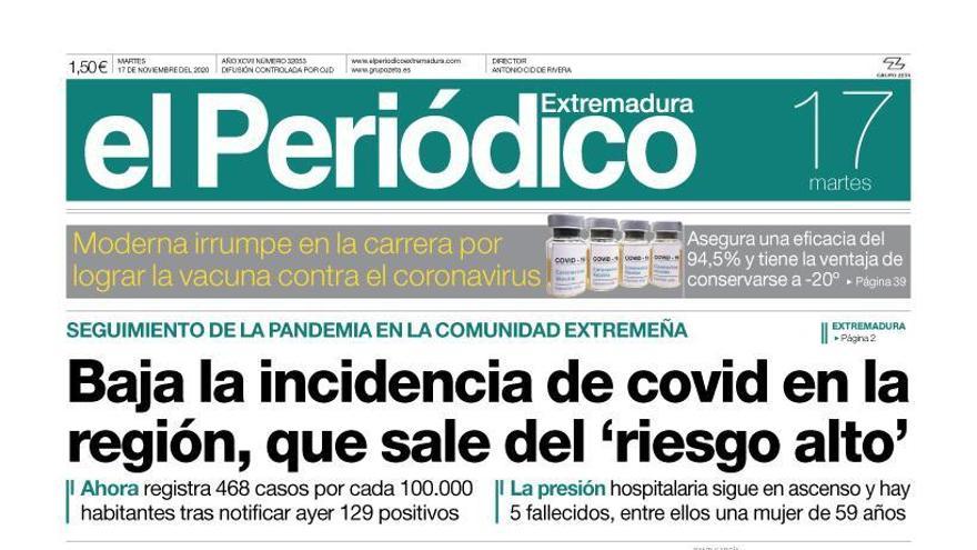 Esta es la portada de EL PERIÓDICO EXTREMADURA correspondiente al día 17 de noviembre del 2020