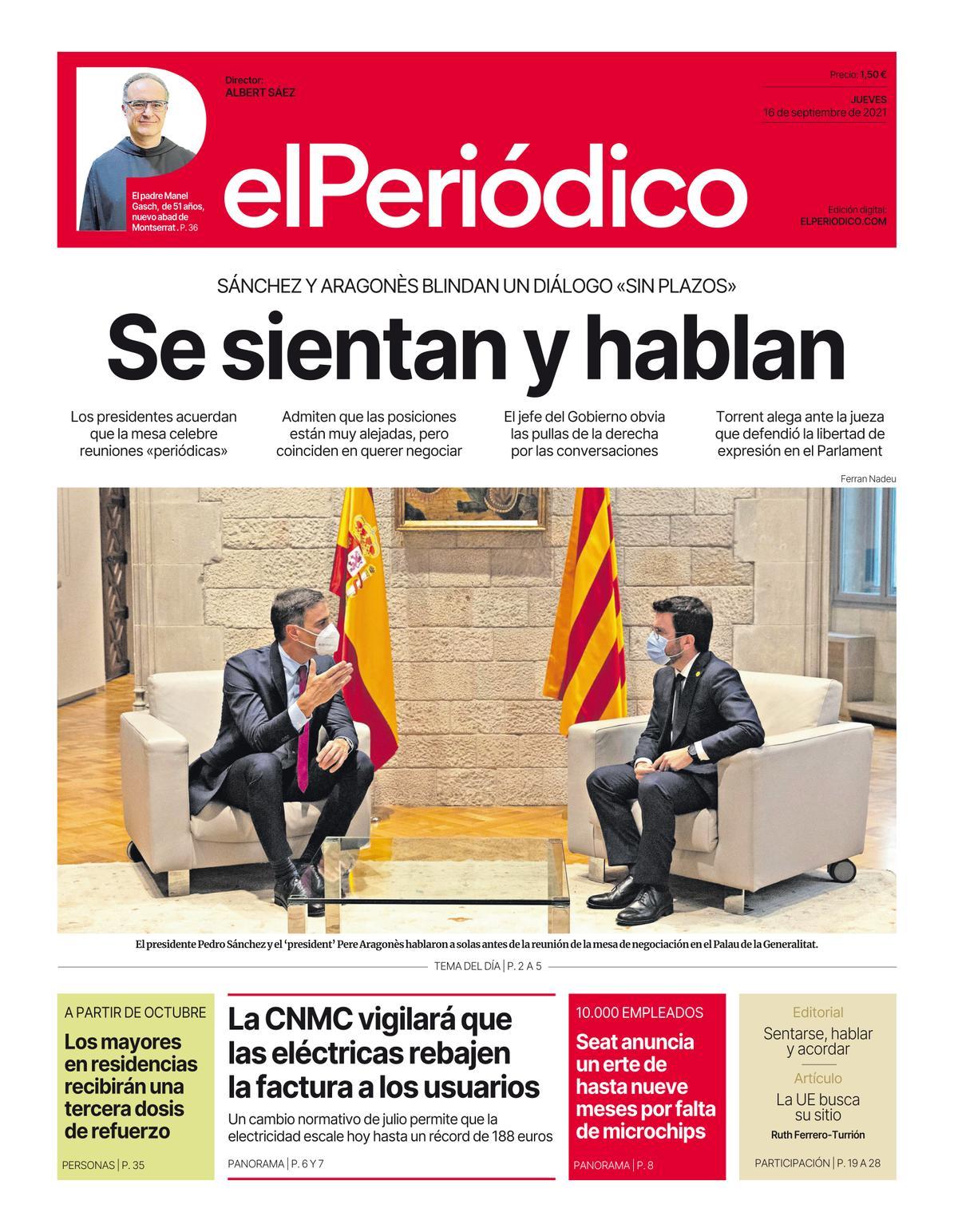 La portada d’EL PERIÓDICO del 16 de setembre del 2021